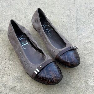 AGL Bella Ballet Flat Taupe Suede with Brown Snakeskin Women's Size 37 / 7